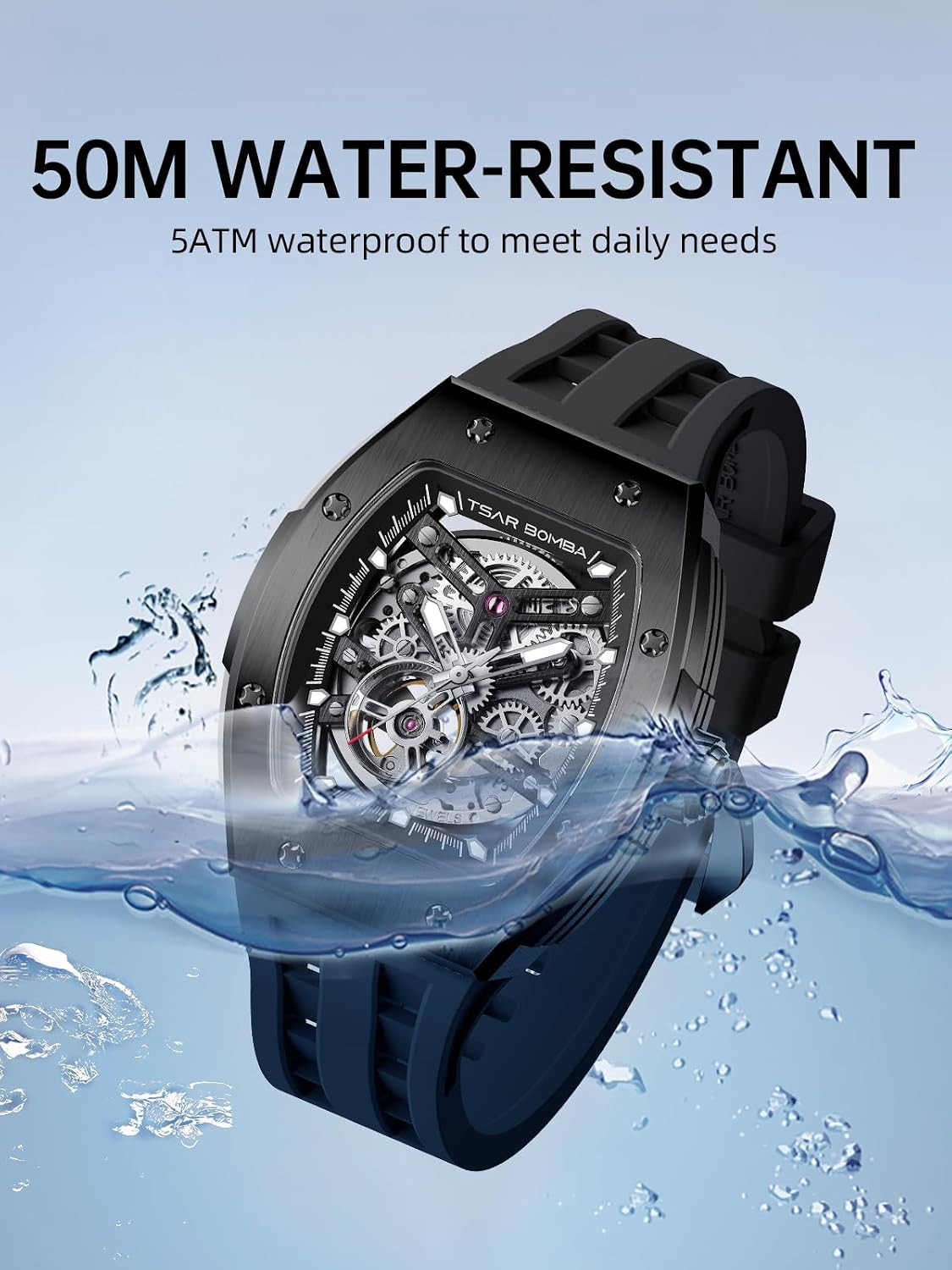 Luxury Skeleton Automatic Men’s Watch – 50M Waterproof Tonneau Dial