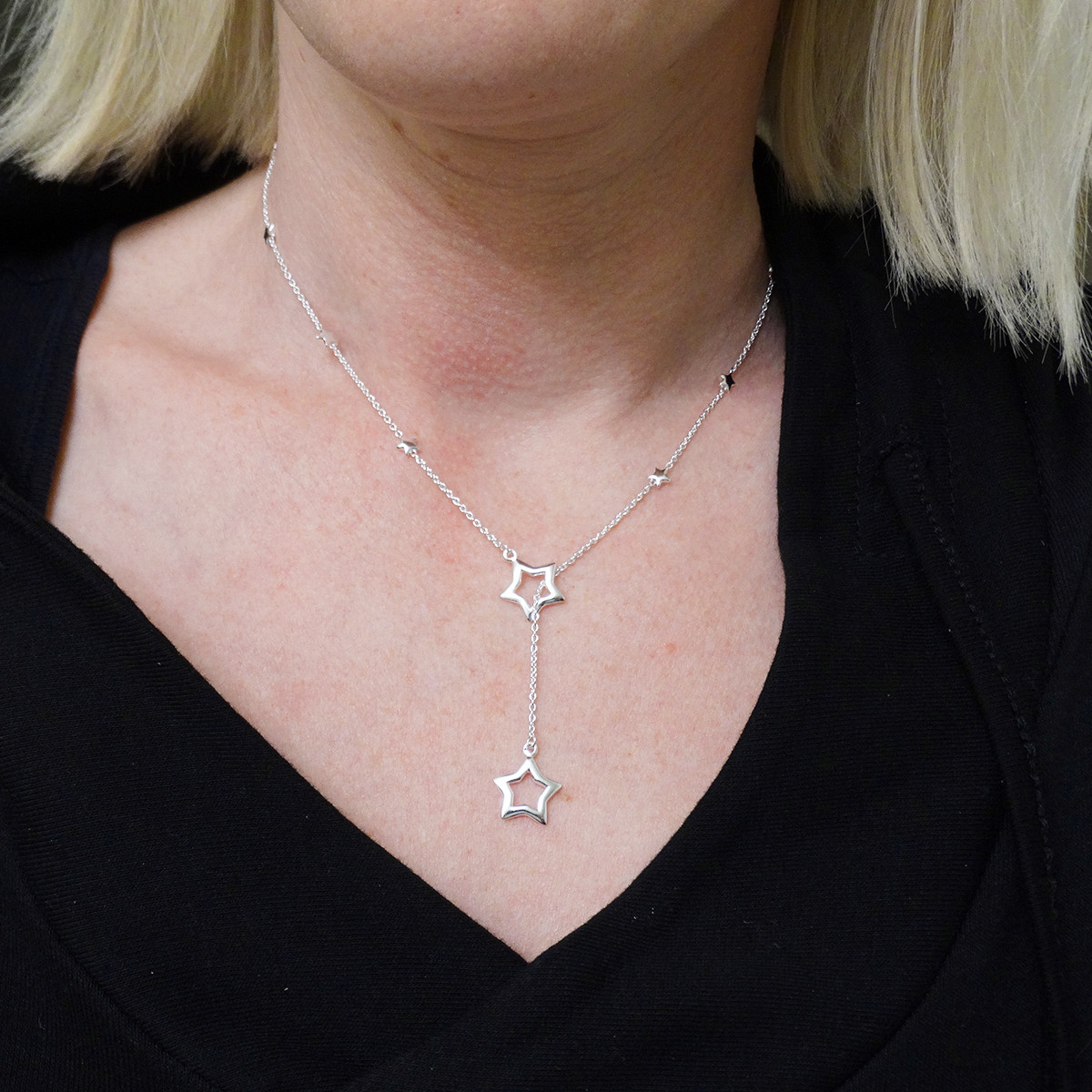 Stars Lariat Necklace – 925 Sterling Silver Star Outline Tiny Stars Polished New