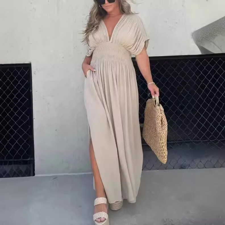 Fashion Bat-sleeved V-neck Slit Dress Summer Short Sleeve Elastic Waist Long Dre