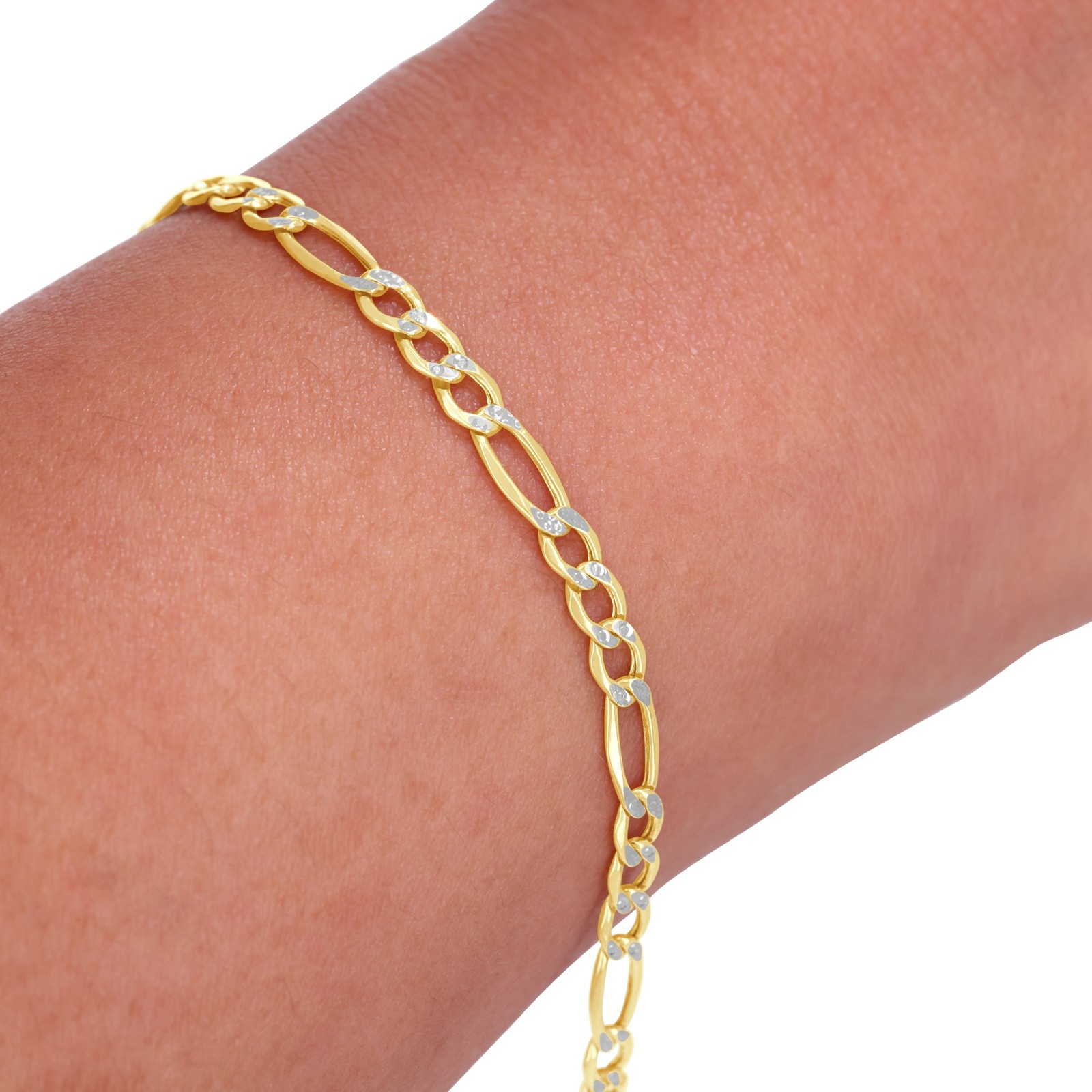 10K Yellow Gold 3.5mm Womens Diamond Cut White Pave Figaro Chain Bracelet 7″