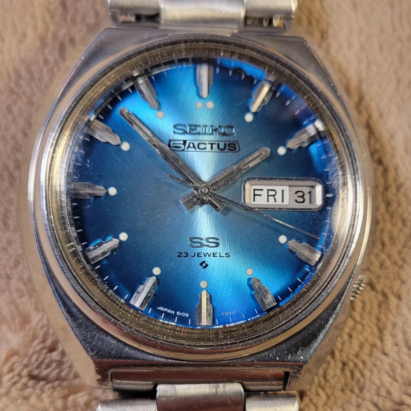 Vtg 70s Seiko 5 Actus 38mm Automatic Men’s Watch Blue Dial SS Daydate 6106-7700