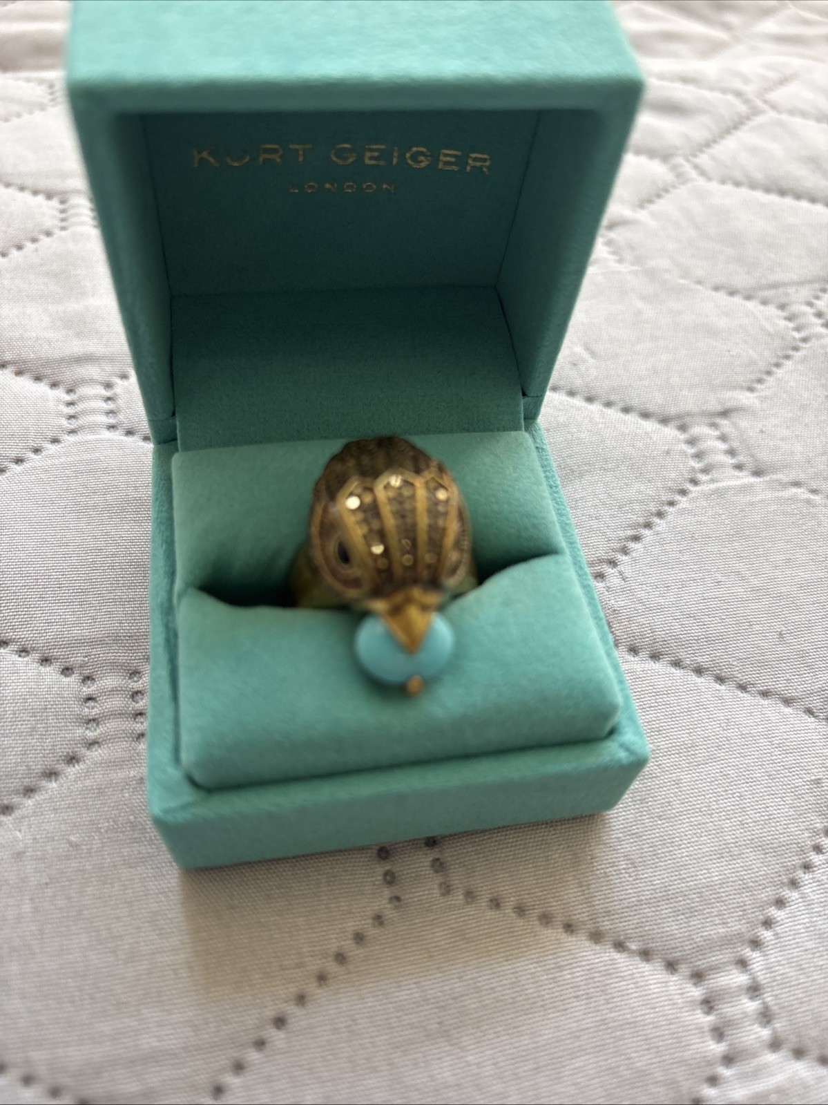 KURT GEIGER LONDON ANTIQUED GOLD TONE EAGLE HEAD RING TURQUOISE 9 New In Box
