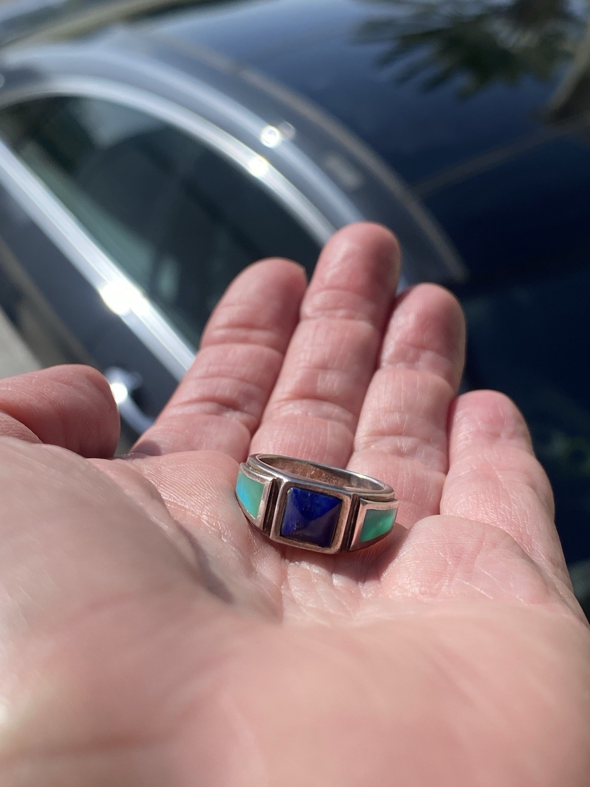 Sterling Silver Turquoise And Lapis Inlay Ring/Southwestern Navajo Style 5.7 gr