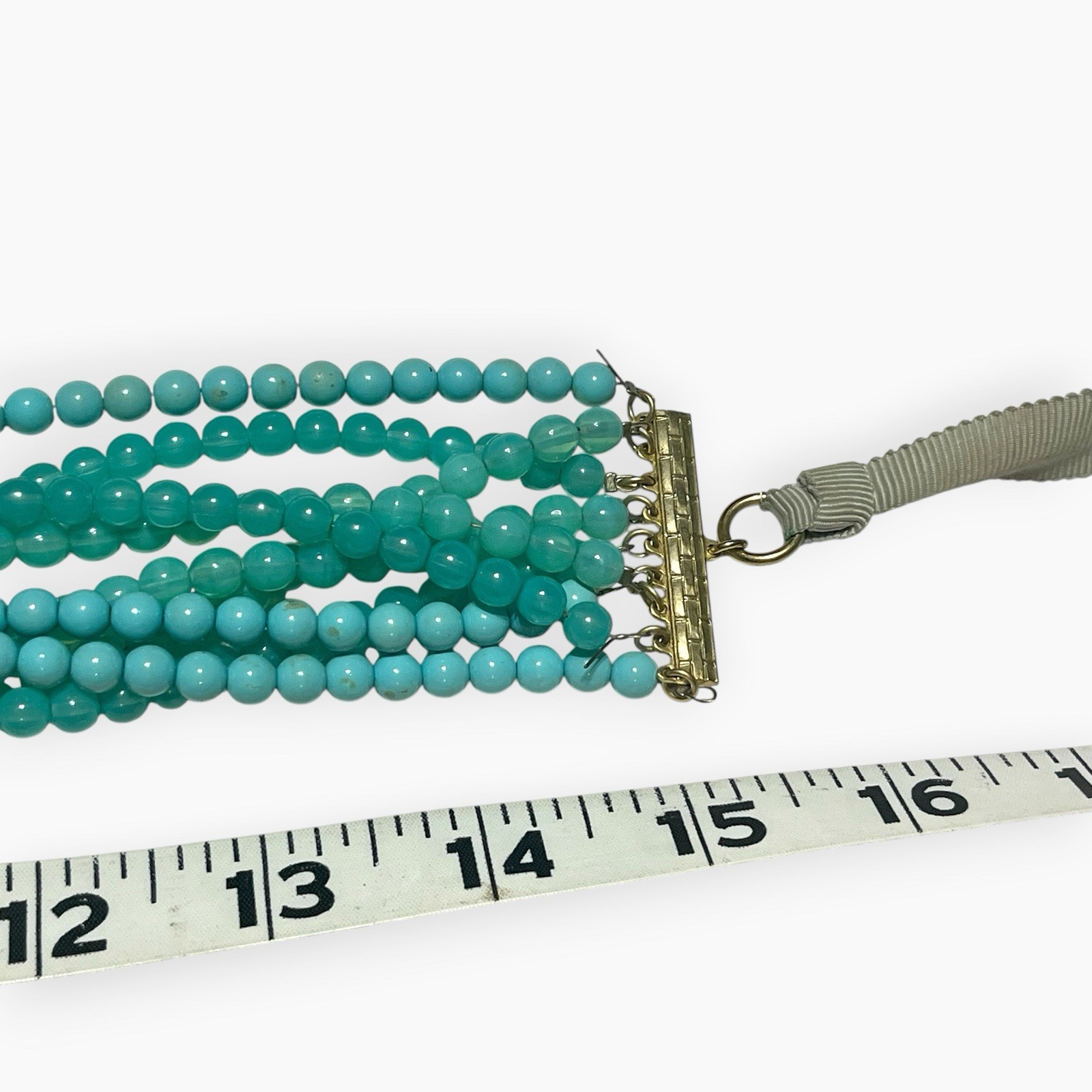 LOREN HOPE Beaded Necklace Good Tone Turquoise Blue Green Multi Strand Ribbon