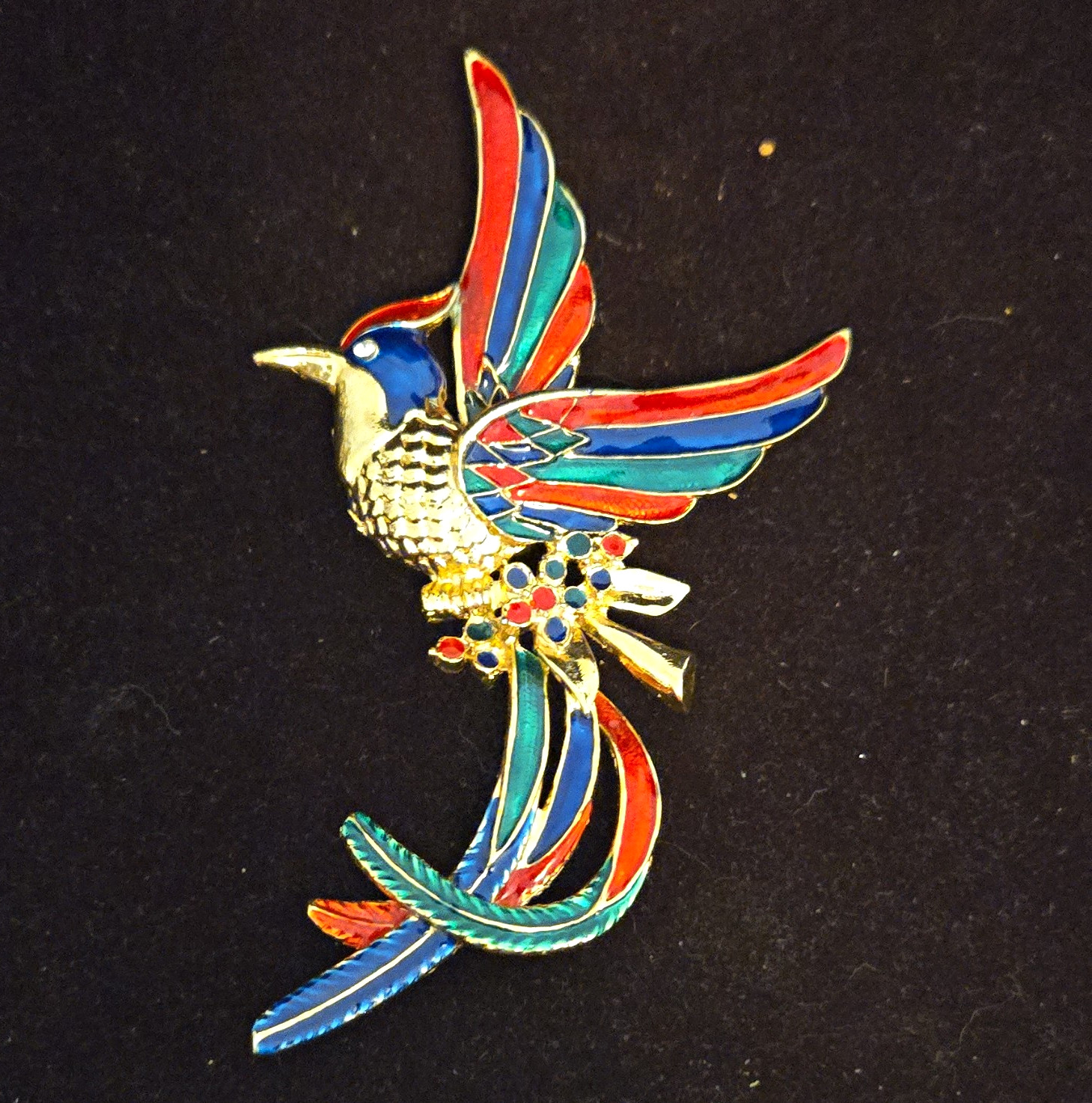 Vintage Style Enamel Bird of Paradise Brooch Pin Colorful Rhinestone Gold Tone