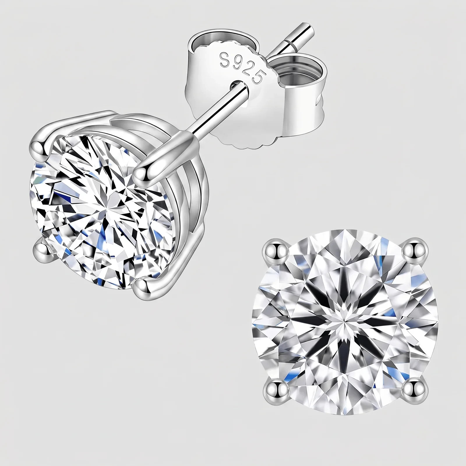 Flawless Diamond Stud Earrings, 925 Sterling Silver, 0.5ct, 1ct, 2ct