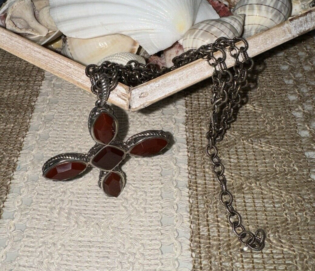 Barse Sterling Silver 925 Multi Strand Cross Necklace 80 grams Carnelian Scrap