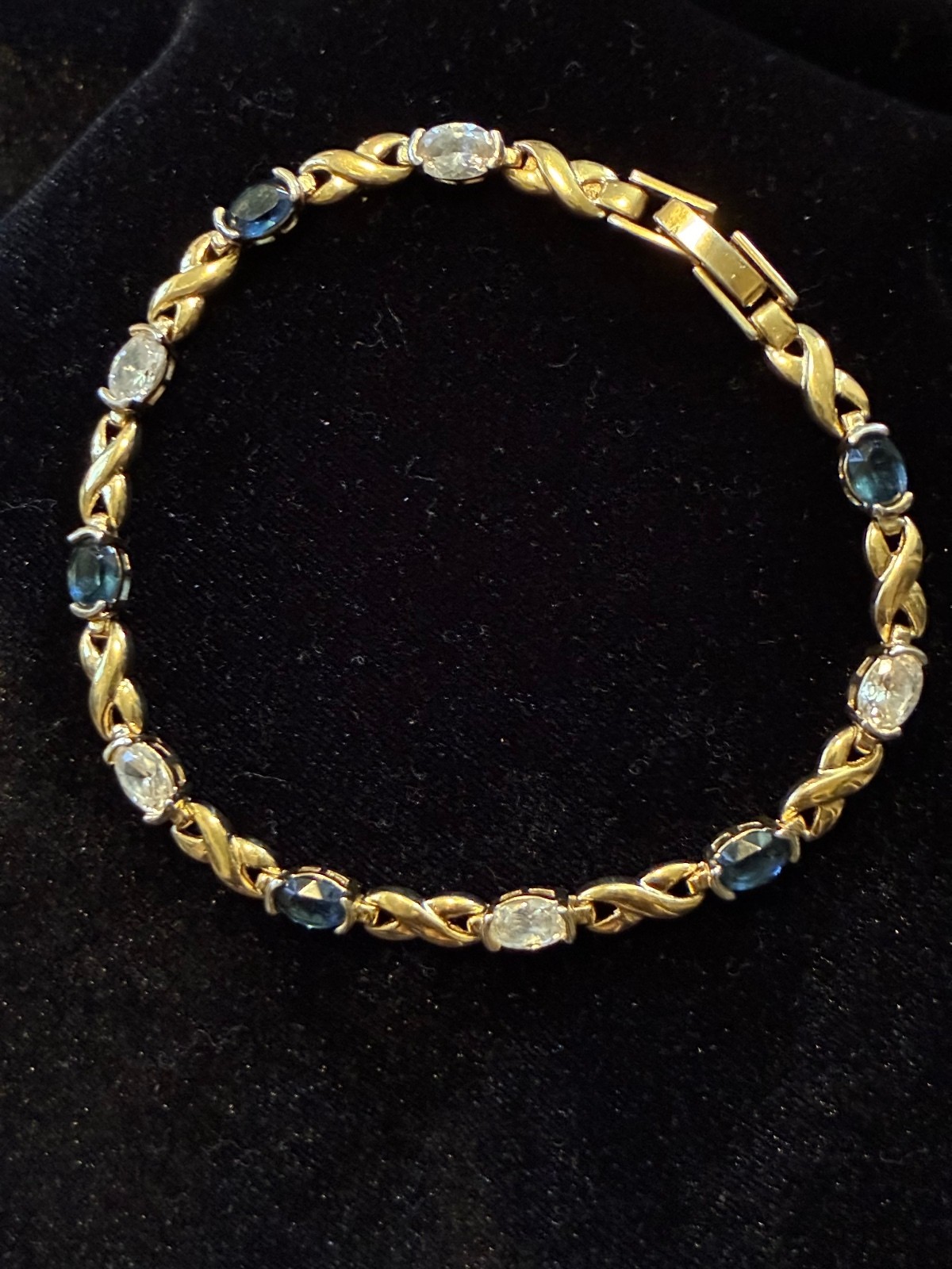 Vtg Gold-Tone Faux Sapphire & CZ Tennis Bracelet – Hugs & Kisses “X” Link 7.5”