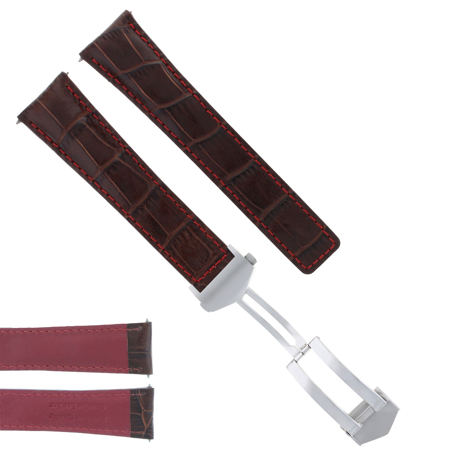 22mm Brown Leather Replacement Strap Red Stitching Silver Clasp For Tag Heuer