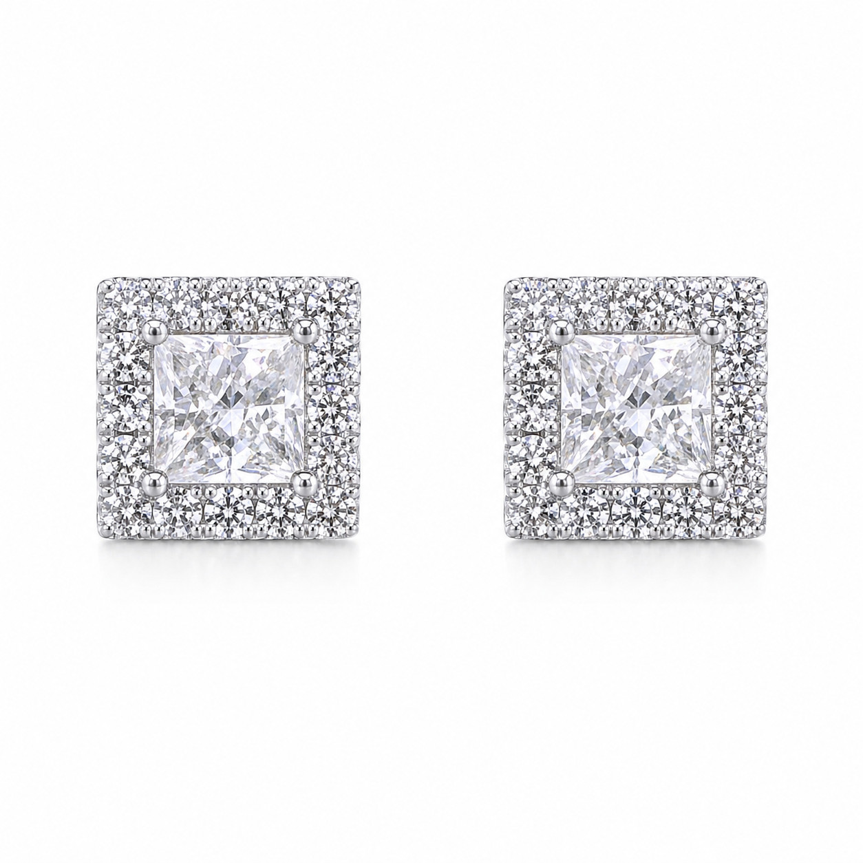 2.52 cttw Natural Diamond Princess Cut Halo Stud Earrings Solid 18K White