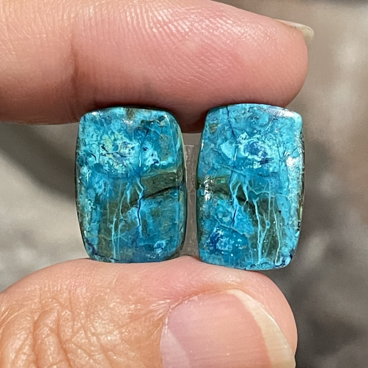 19.6ct 14.3×11.5×4.3mm Pair Of Rare Blue Shattuckite Rectangle Cabochons Gems