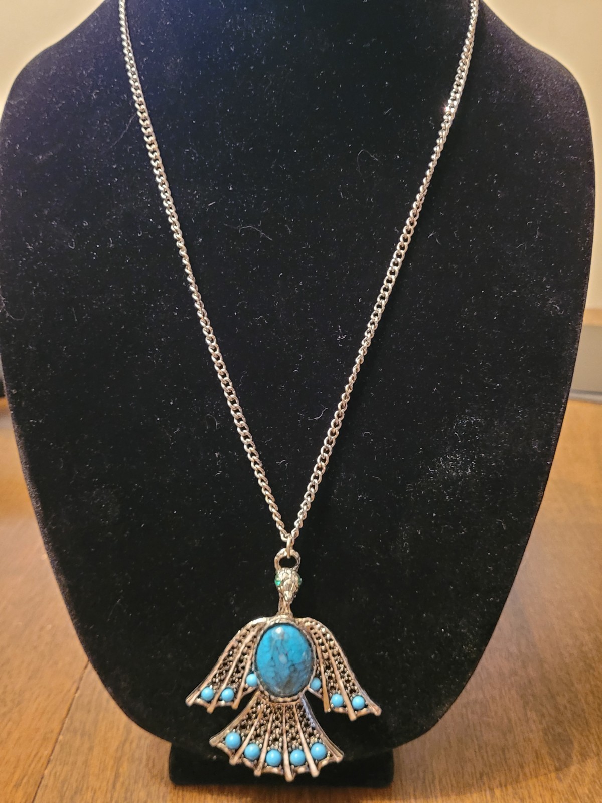 Vintage Egyptian Revival Horus Falcon Pendant Necklace Turquoise Look Cabochon