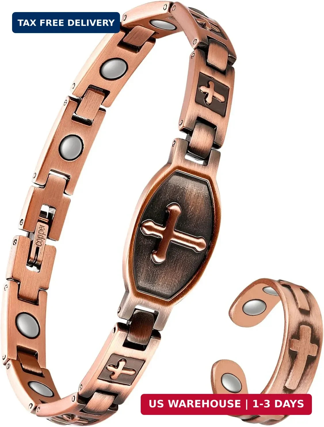 Jeracol Copper Cross Magnetic Bracelet & Ring for Women – 99.9% Solid Pure Coppe