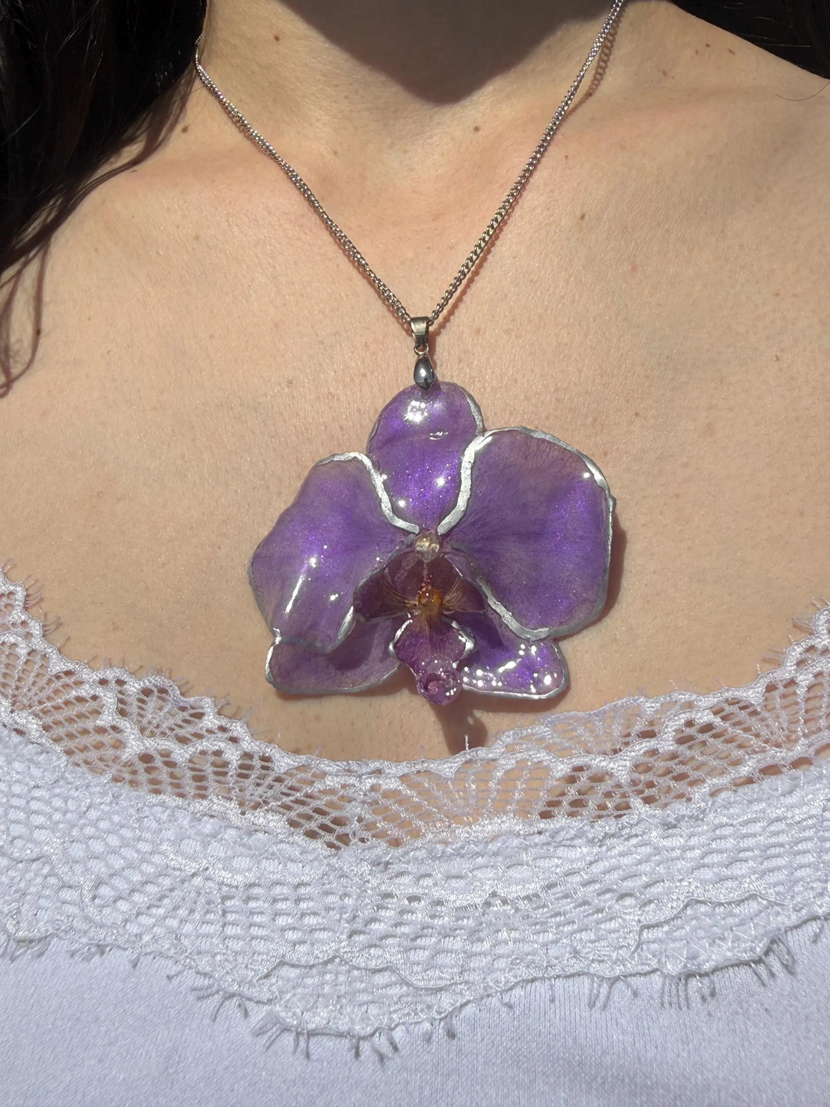 Real Orchid Necklace Preserved Flower Resin Pendant Stainless Steel Handmade