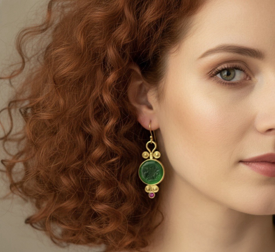 Museum Intaglio Owl Earrings Bird Gold CZ VTG Ancient Greek Antique Boho Carved