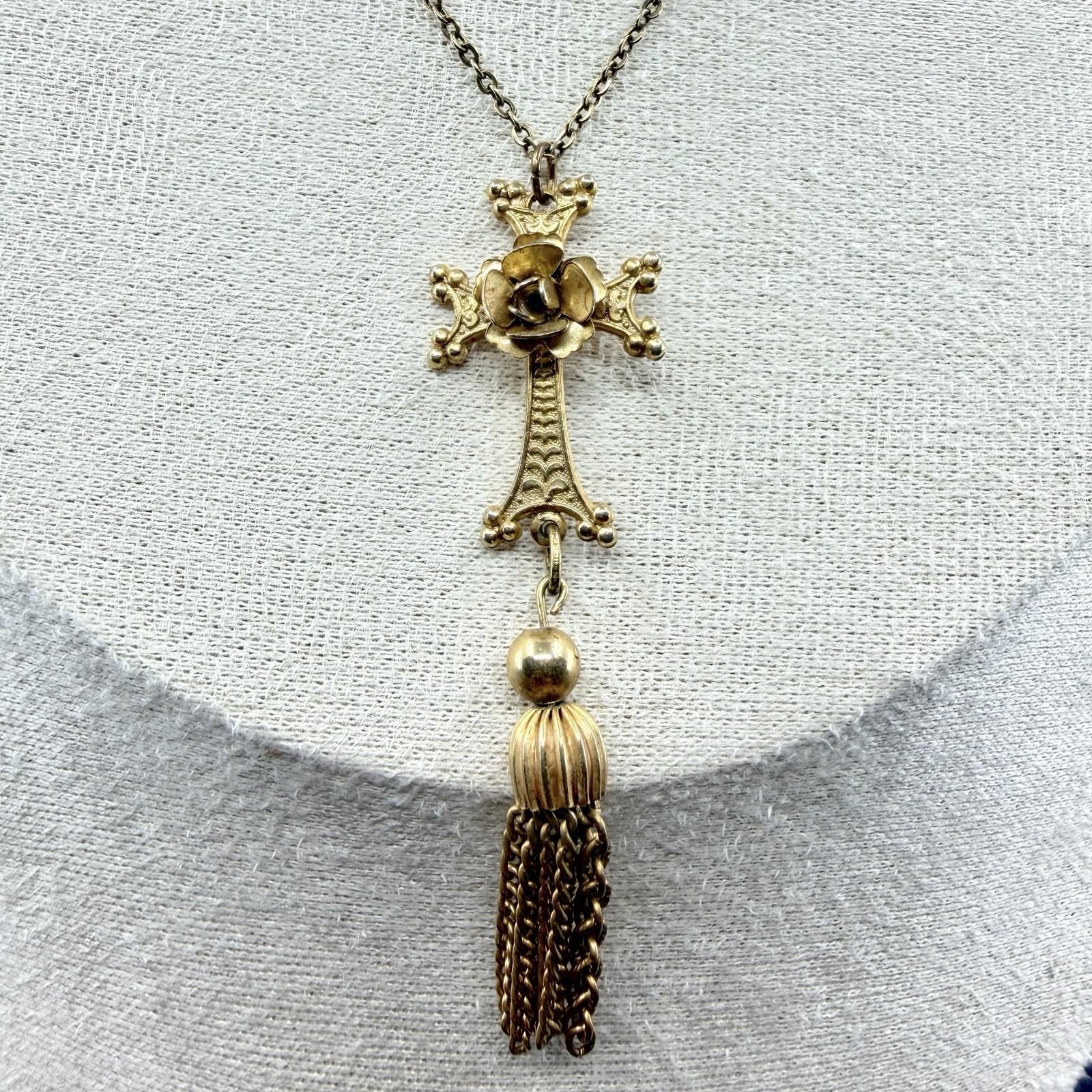 Vintage Tassel Cross Rose Ornate Necklace Pendant Gold Tone 16”