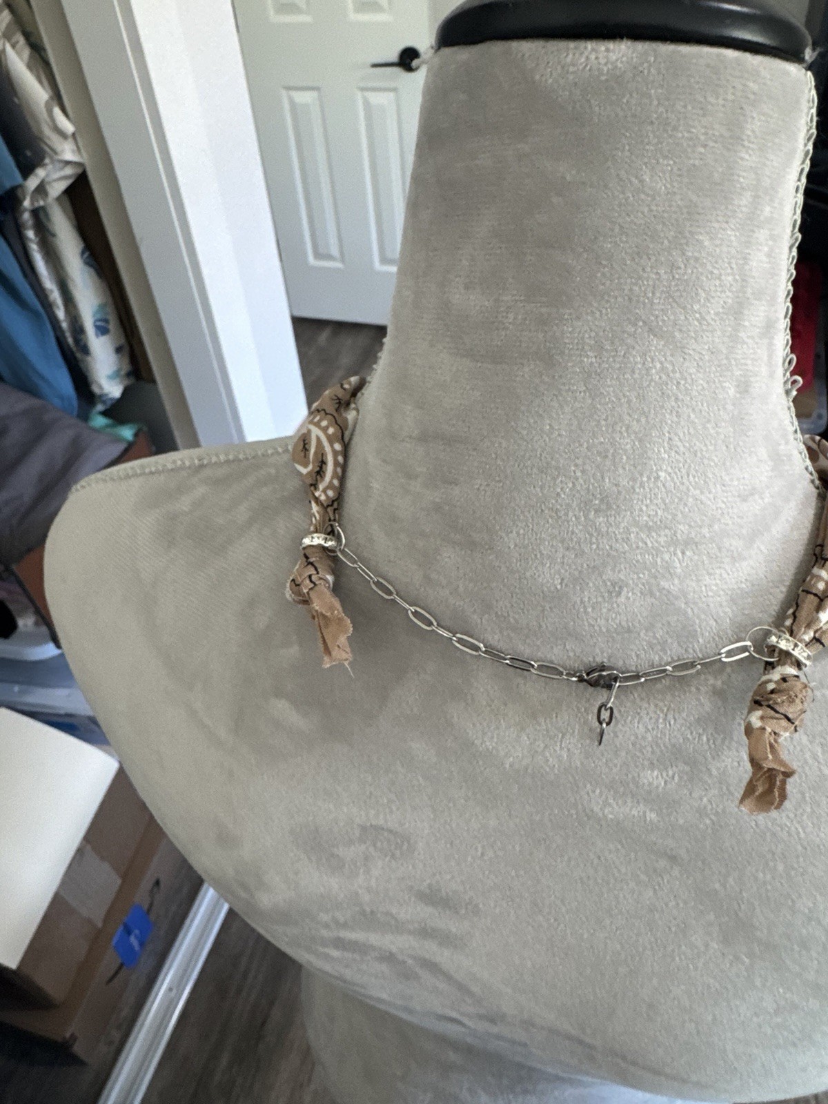 Western Fabric Cord Choker Charm Necklace Brown Silver Plated Adjustable