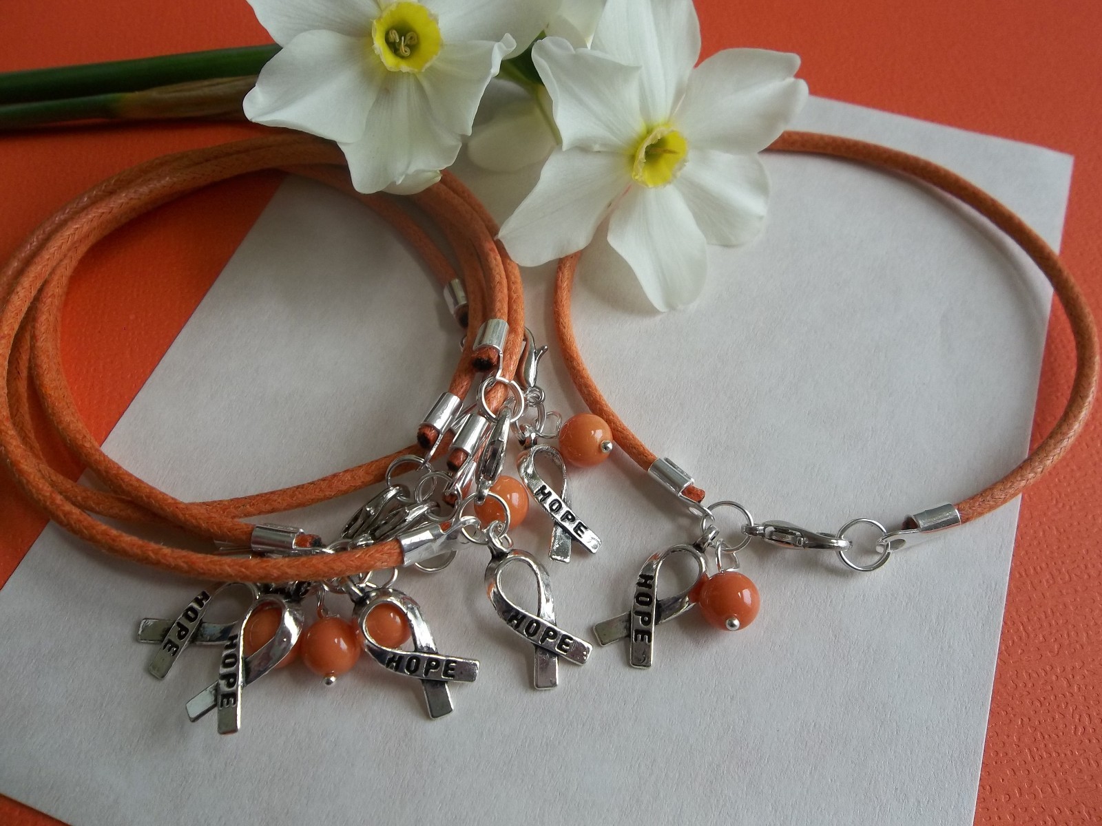 6 CT. LEUKEMIA – KIDNEY CANCER – MS AWARENESS ORANGE ‘HOPE’ CHARM BRACELETS