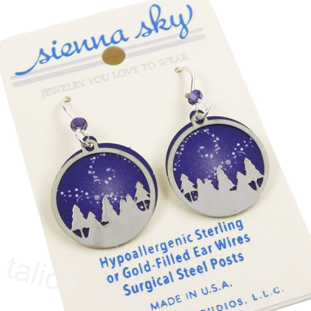 Sienna Sky Earrings Shiny Silver Tone Forest over Dark Blue Starry Night Unique