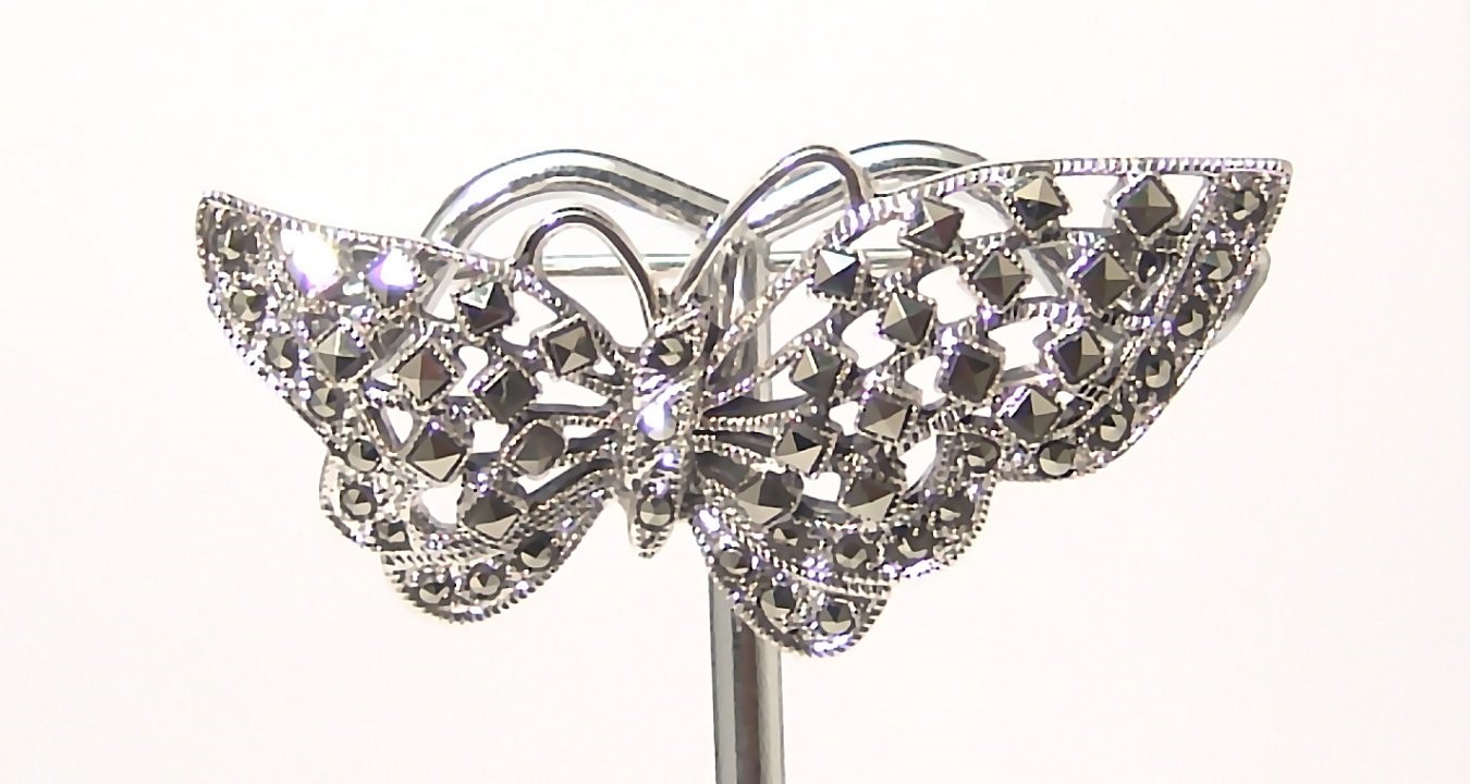Butterfly Brooch Pin Sterling Silver Oxidized Marcasite 8.8 grams