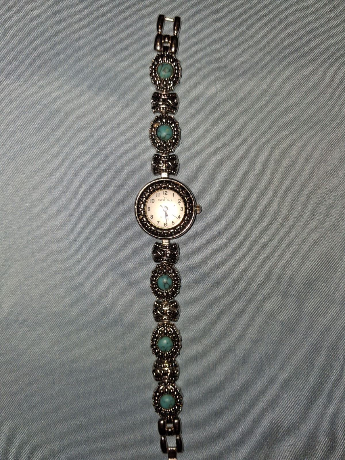 Native American Style Turquoise, 925 Sterling Watch Braclet Swiss Gold Quartz