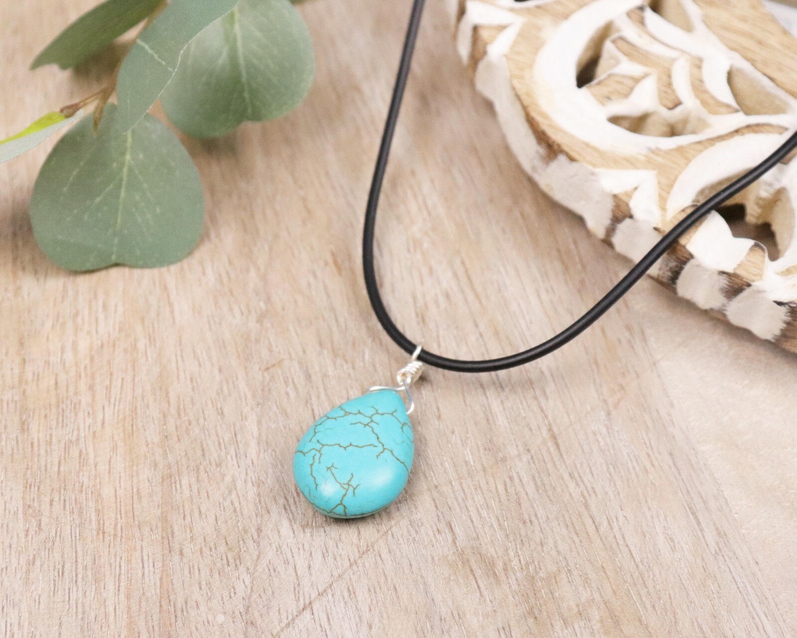 Teardrop Turquoise Pendant Necklace for Women with Leather Cord