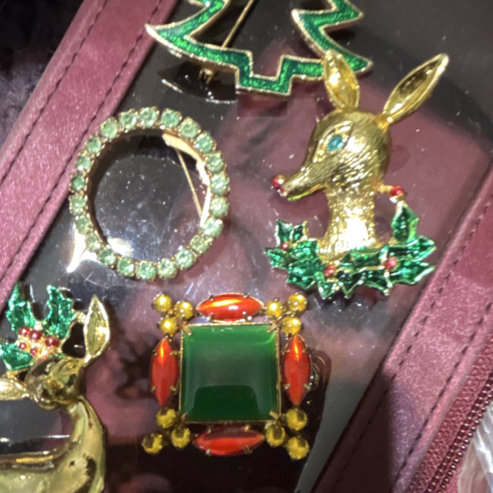 4pc Holiday Costume Brooch & Pin Mixed Lot Rhinestone Metal Tree Reindeer