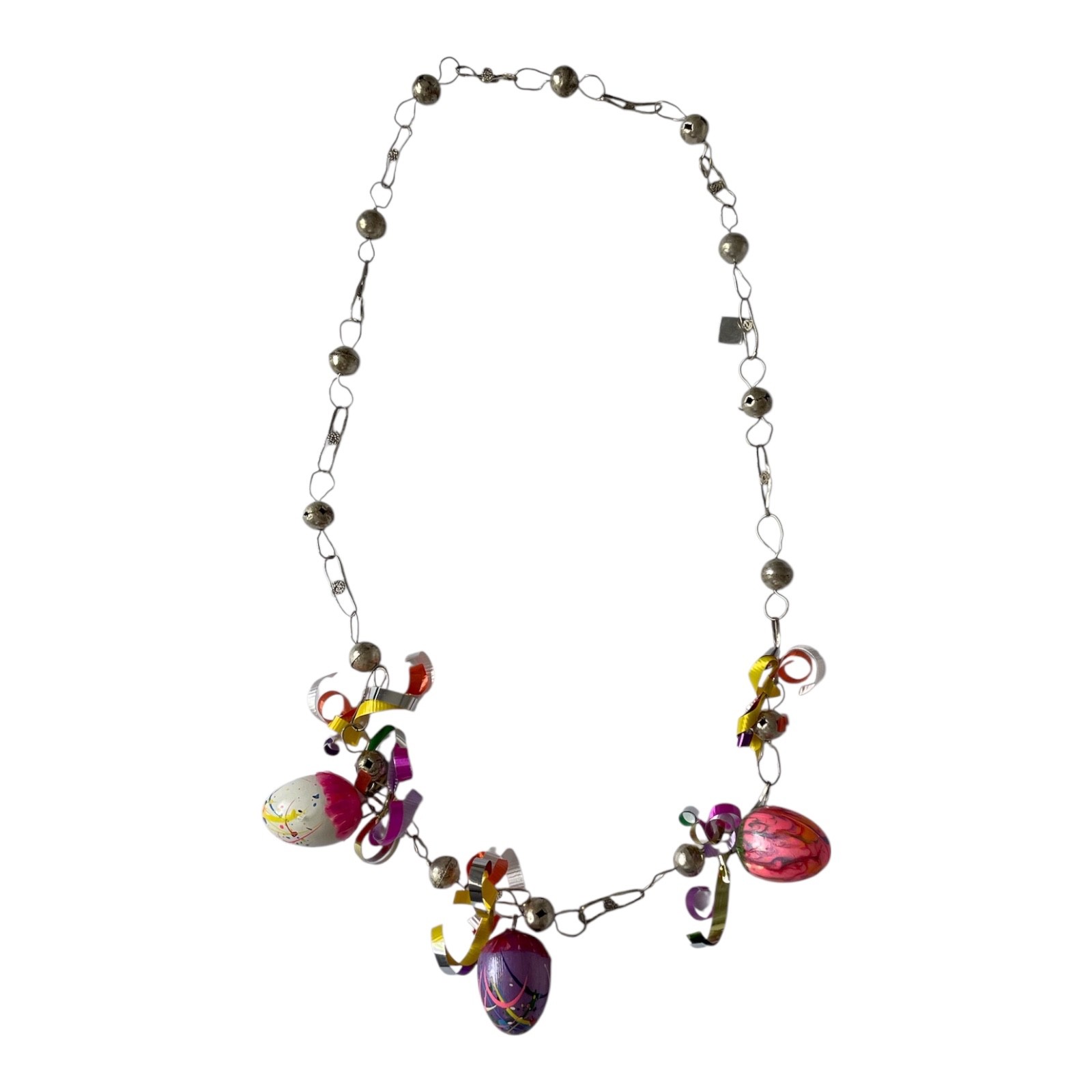 Colorful Holiday Christmas Pull on Necklace with metal Chain.
