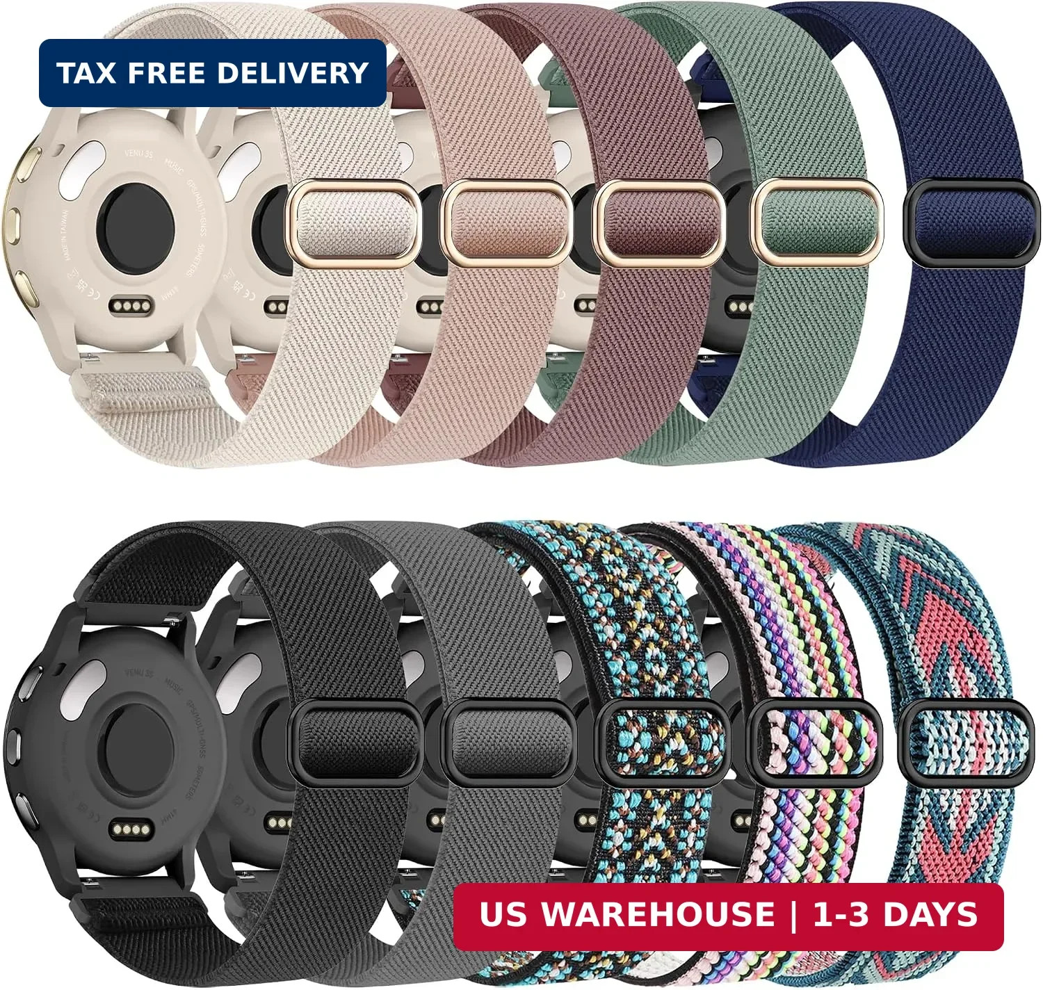 Laband 18mm Stretchy Nylon Watch Band Compatible with Garmin Venu 3S/Venu 2S/Viv