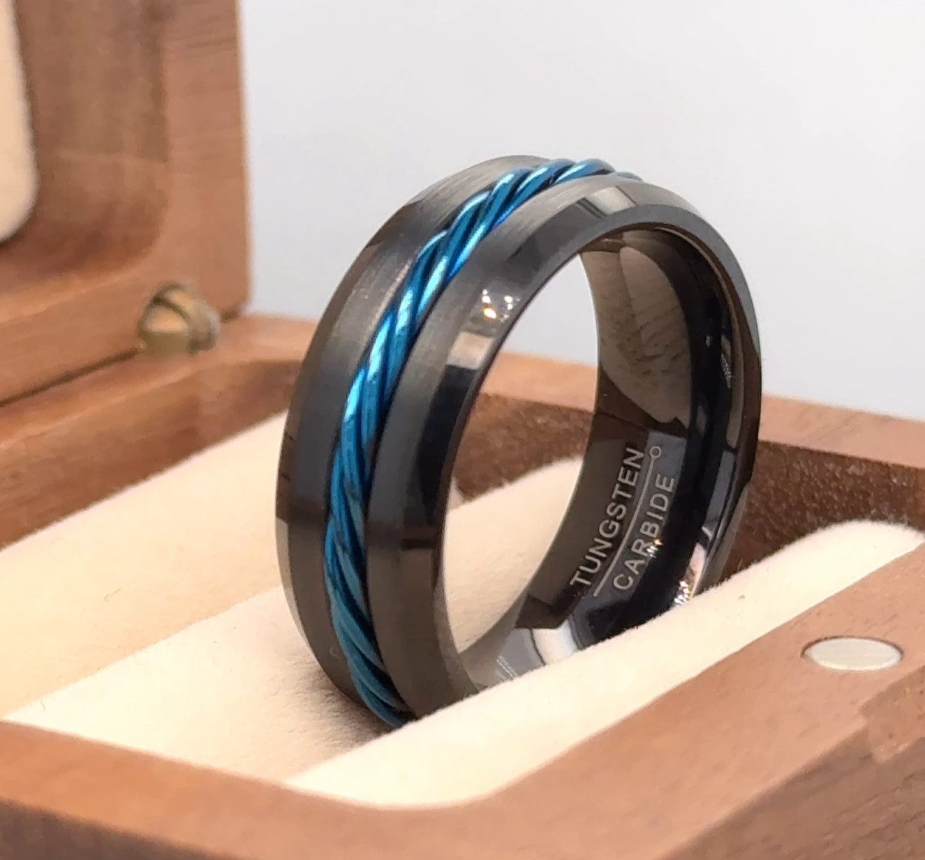 Modern Black Tungsten Wedding Band – Beveled Edge Design with Blue Twisted Inlay