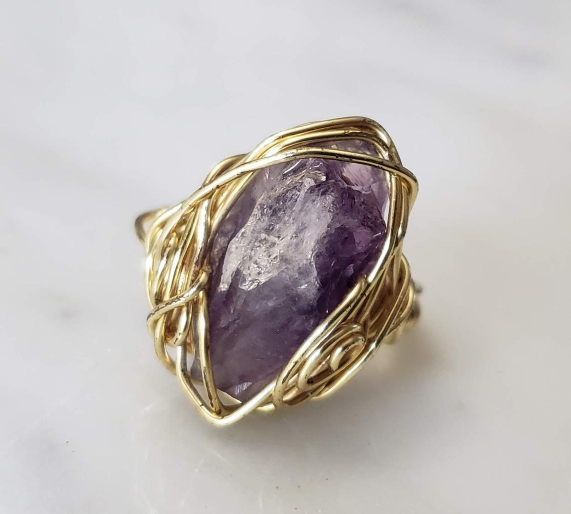Handcrafted Gold Filled Wire Ring w/ Raw Purple Quartz Stone ~ Sz 7.75 ~ 2-F291