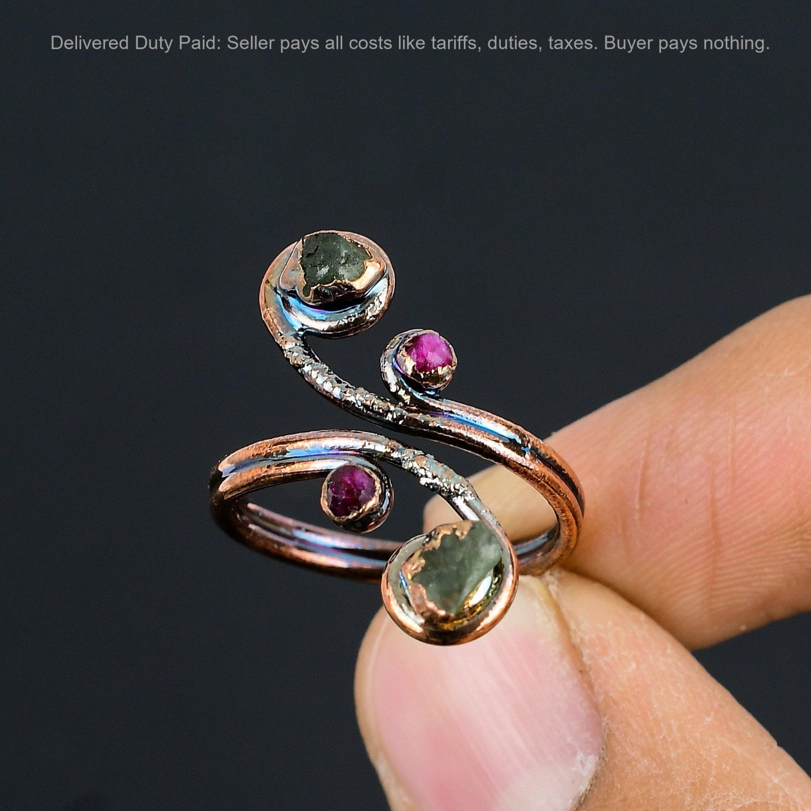 Multi Tourmaline Rough Stone Copper Electroformed Mother Stackable Ring Jewelry