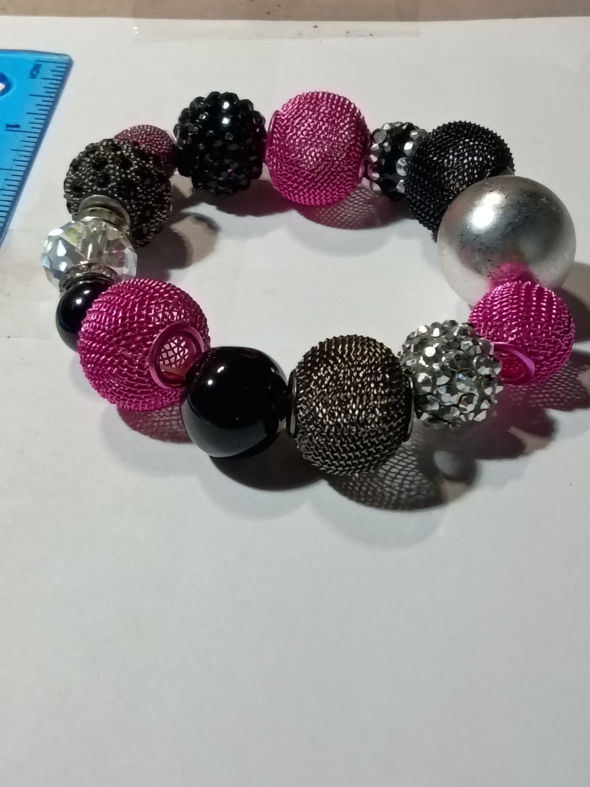 Pink Black Silver Tone Beaded Stretch Bracelet Clear Round Crystal Rhinestone