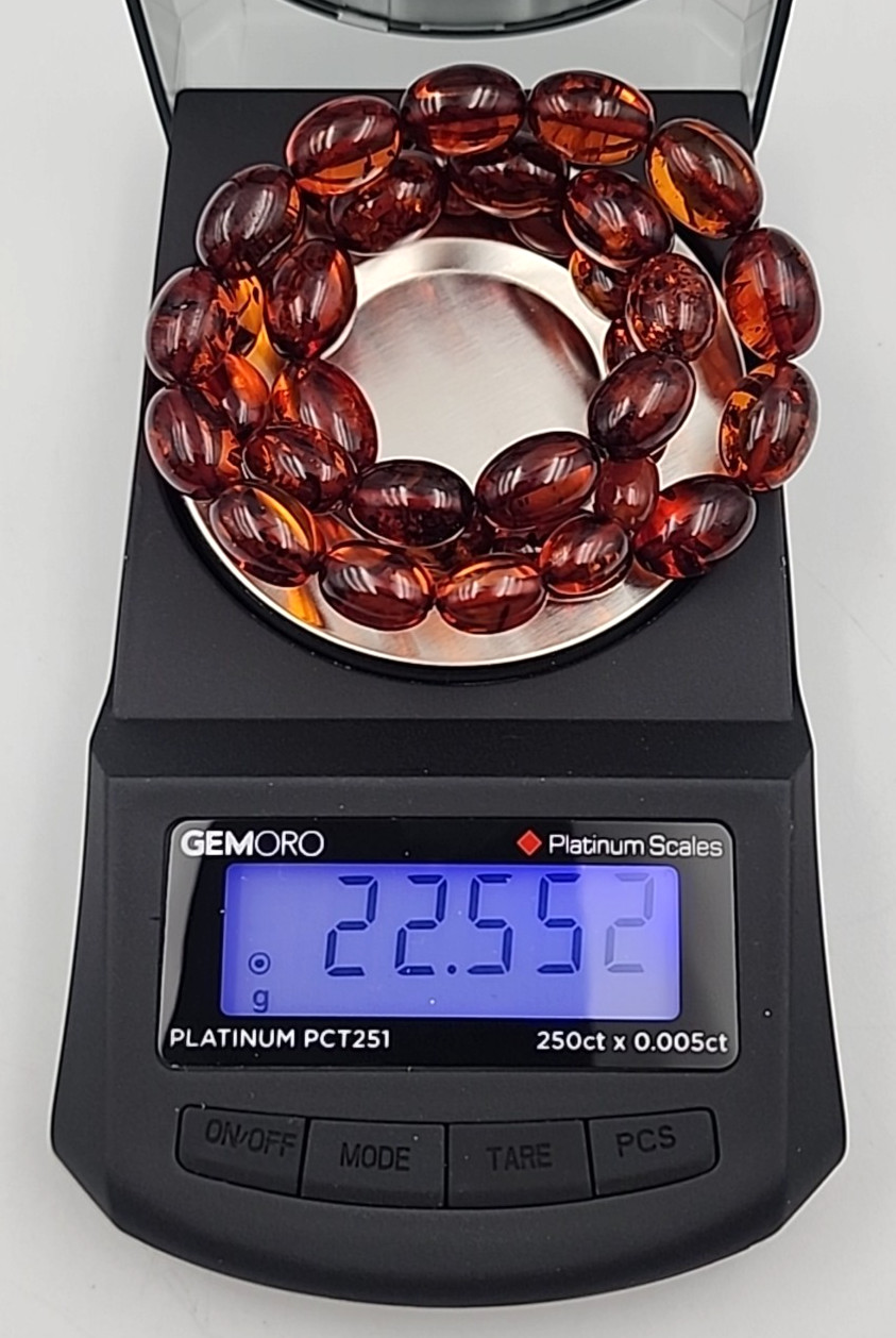 Pressed Amber Oval Bead Necklace Cognac Barrel Clasp 18.5 in Vintage