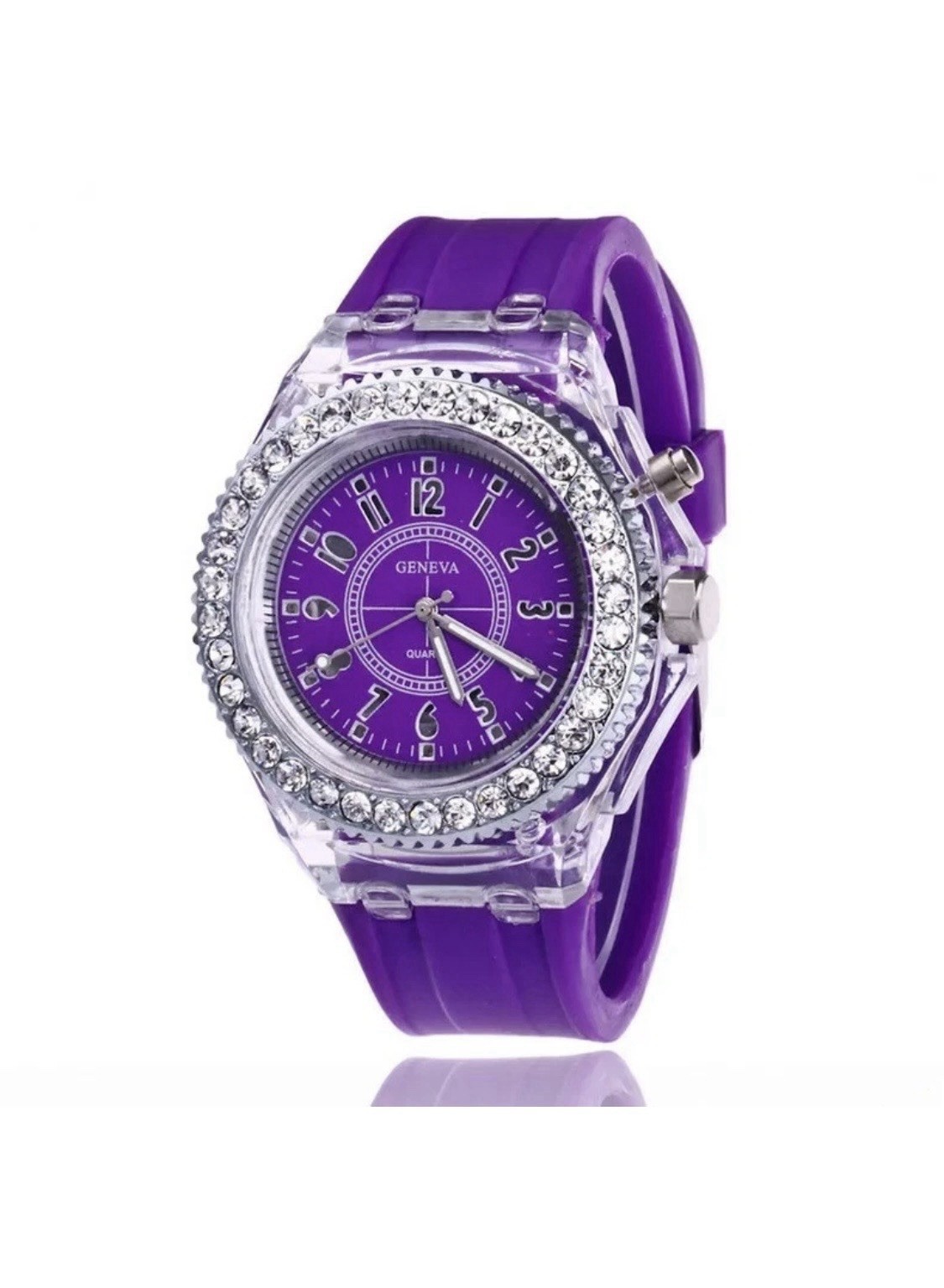Geneva Quartz Analog Wristwatch Rhinestone Bezel Purple/Red Silicone Strap