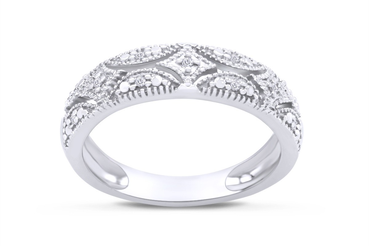 0.05 Ct Round Natural Diamond Wedding Band Ring In 14K White Gold Plated Silver