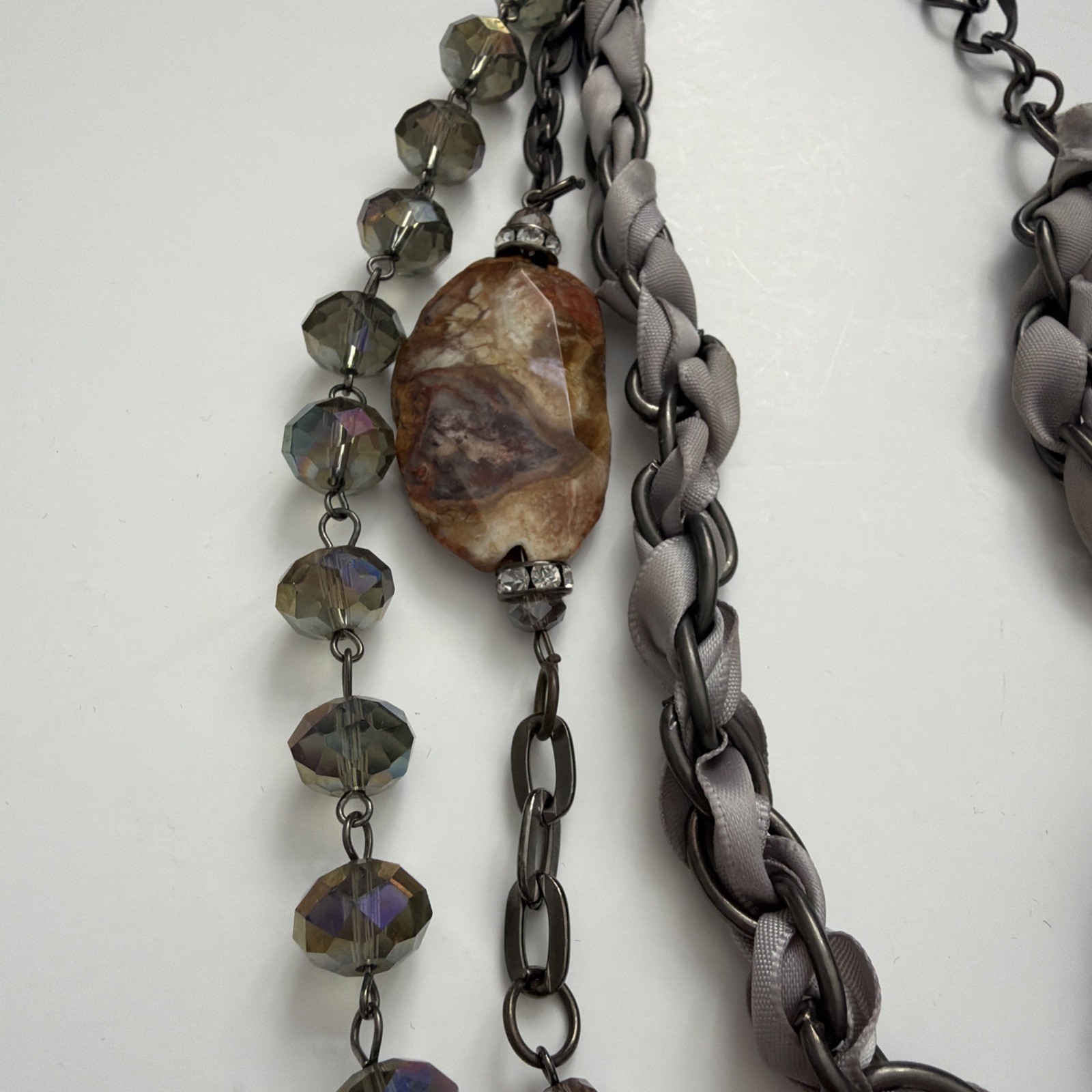 Vintage Cookie Lee Multi Strand Statement Necklace Agate Crystal Gunmetal Gray