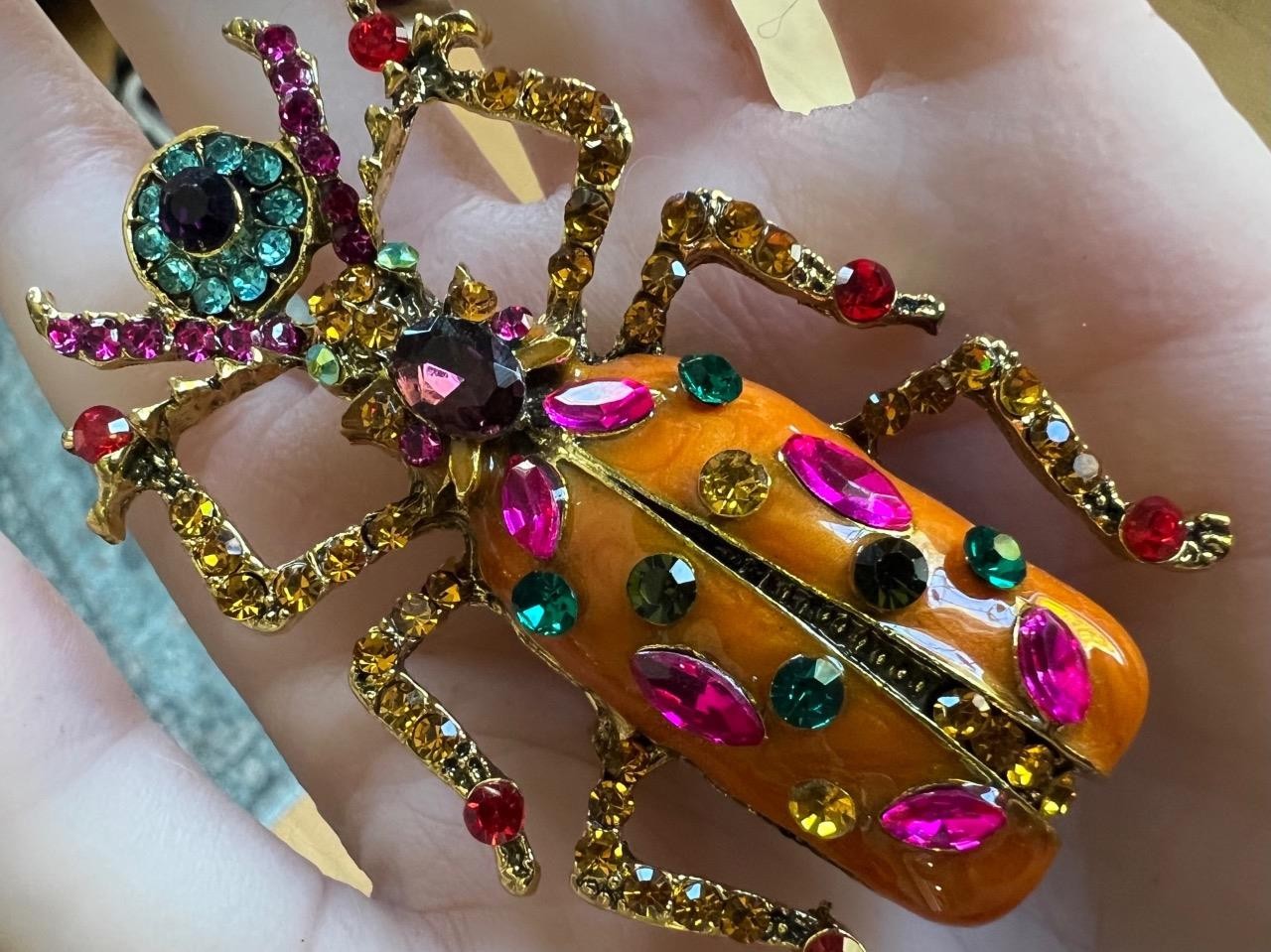 Scarab Beetle Pin LARGE Orange Enamel Rhinestone Victorian Egyptian Rev Vtg