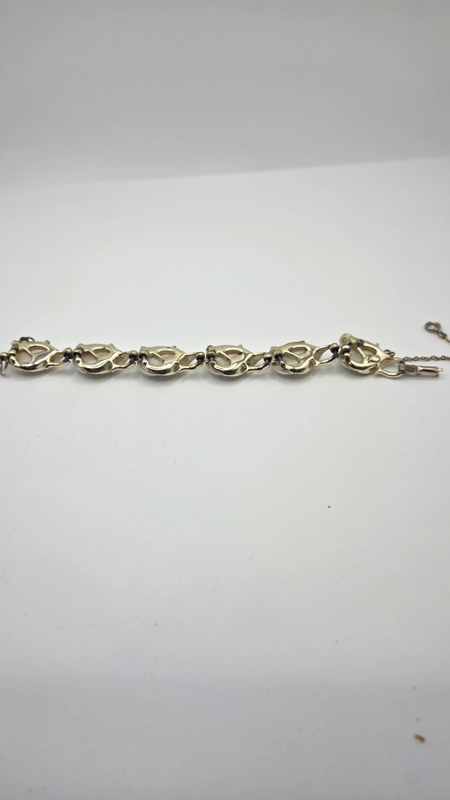 Vintage Coro Heart Bracelet White Enamel Faux Pearl Gold Tone With Safety Chain