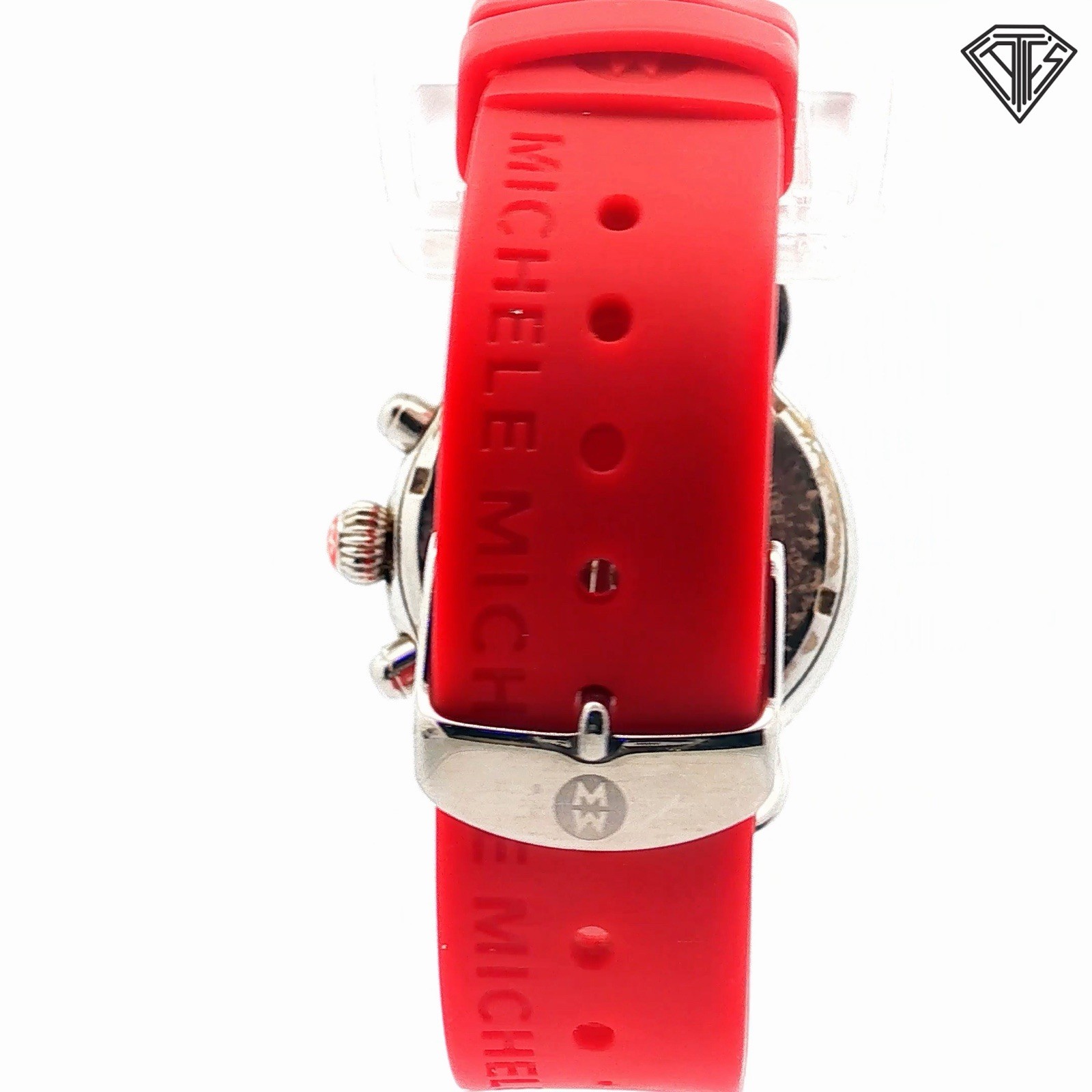 Pre Loved Michele Carousel CSX Multi Colored Stone Bezel Watch Red Silicone Band