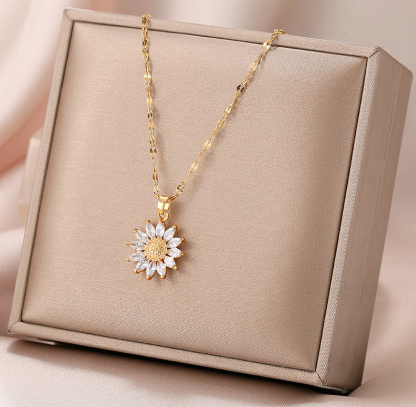 14K Gold Stainless Steel Sunflower CZ Pendant Necklace 16-18″ Chain Women AG