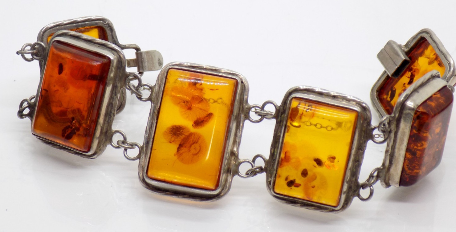 Cognac Baltic Amber Shell 925 Sterling Silver Bracelet 6.5″ Vintage