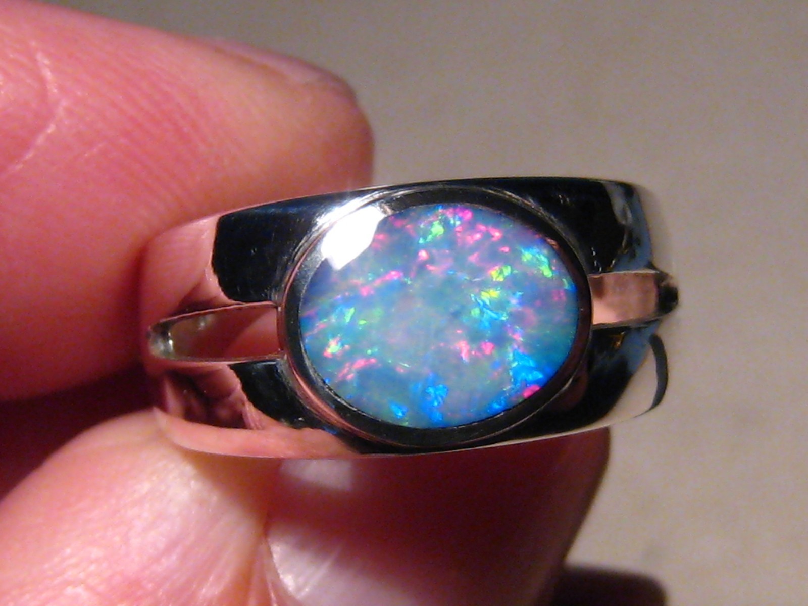 Australian red and blue Opal Ring – sterling silver – size 8 1/2 NO RESIZE