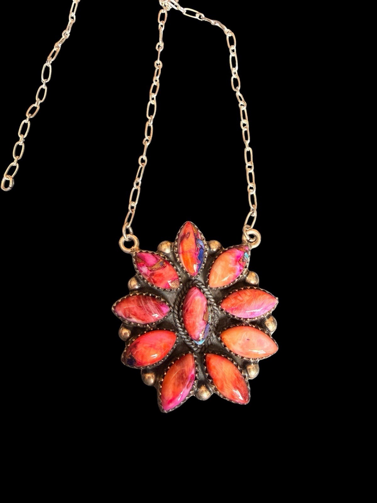 BEAUTIFUL SOUTHWEST STERLING SILVER DAHLIA ROSE TURQUOISE STONE FLOWER NECKLACE