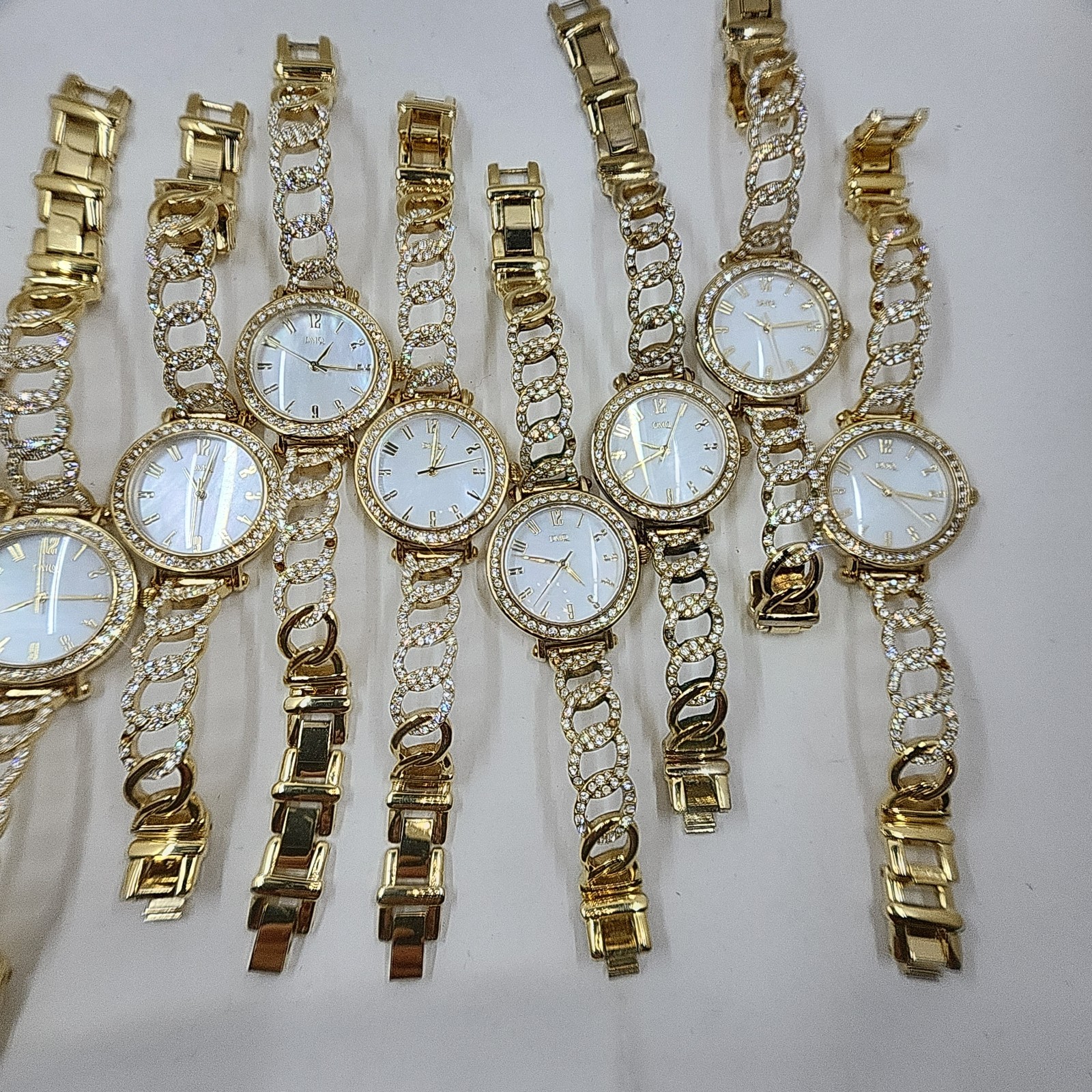 Lot of 9 Diamonique Pave CZ Chain Link Stainless Steel Watch, Goldtone Defective