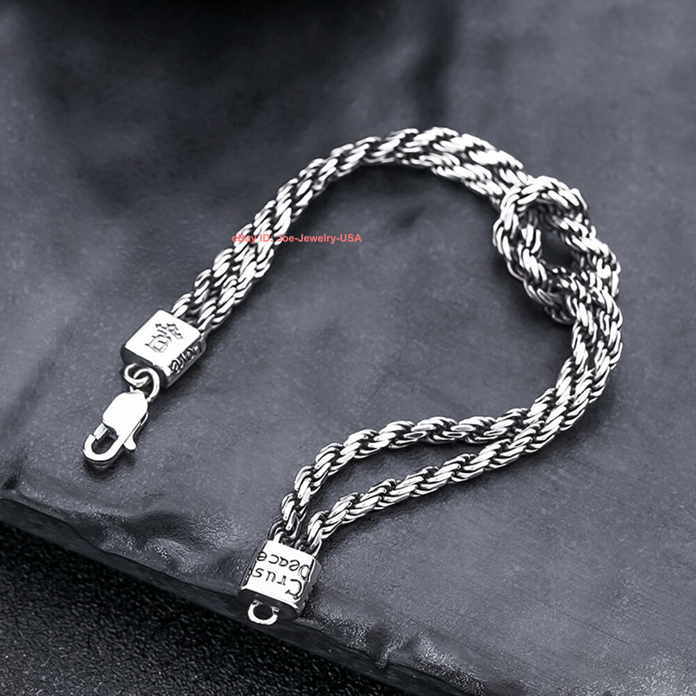 Pure 925 Sterling Silver Men’s Bracelet 3mm 2-Line Rope Link Chain 6.69-7.48inch
