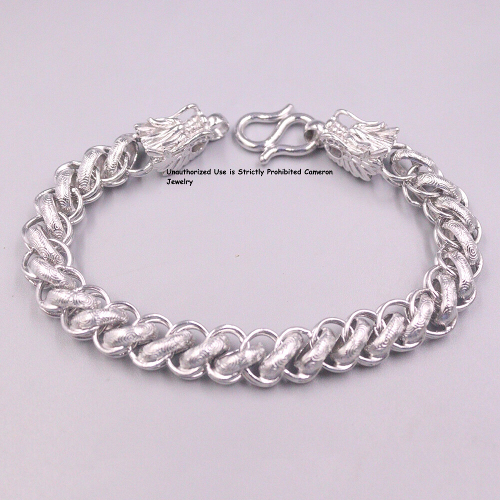 Pure S999 Fine Silver Link Chain Men 10mm Dragon Thailand Bracelet 34-35g 8.3in