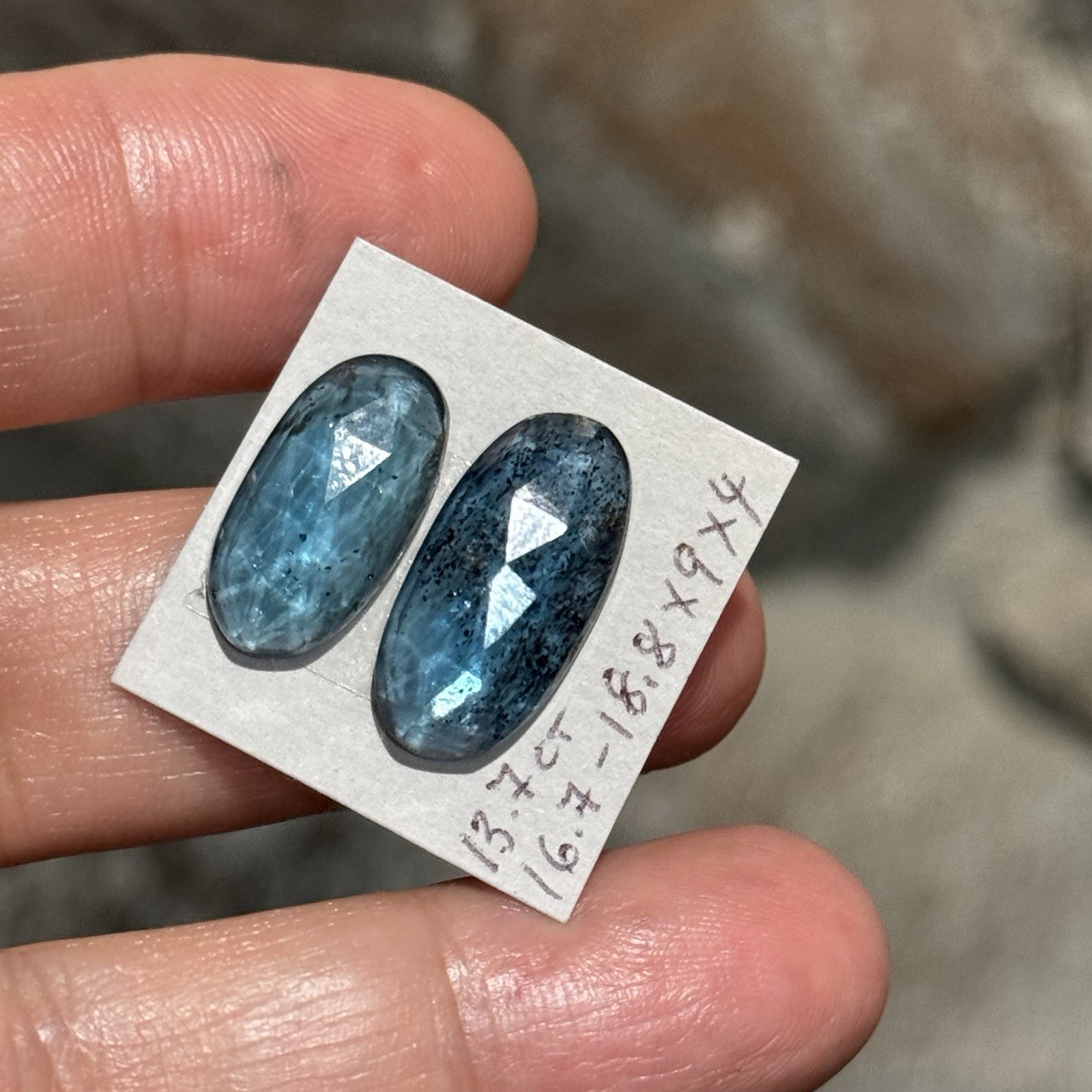 13.7ct 16.7-18.8x9x4mm Pair Teal Blue Faceted Moss Kyanite Oval Cabochon Gems