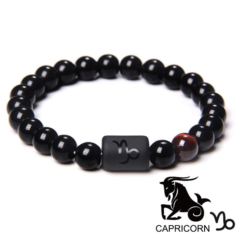 Zodiac Sign Natural Black Stone Beaded Elastic Stylish Bracelet Astrological