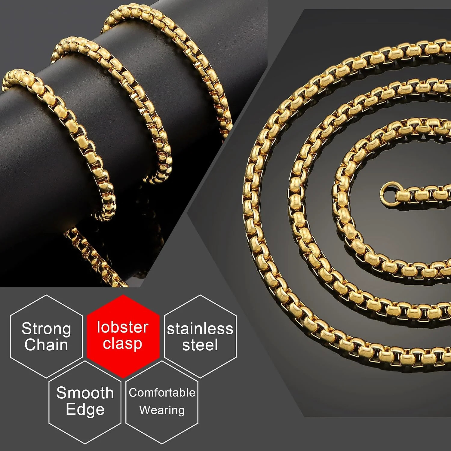 5 MM 18K Real Gold Plated Square Rolo Chain Stainless Steel Round Box Chain Neck